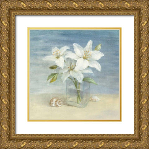 Lilies and Shells - Wag Gold Ornate Wood Framed Art Print with Double Matting by Nai, Danhui