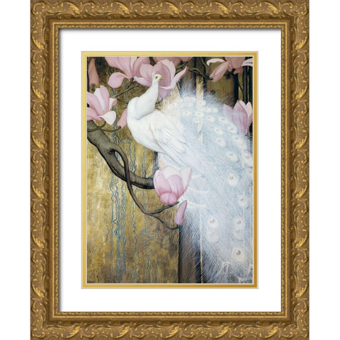 Peacock with Magnolia Gold Ornate Wood Framed Art Print with Double Matting by Botke, Jessie