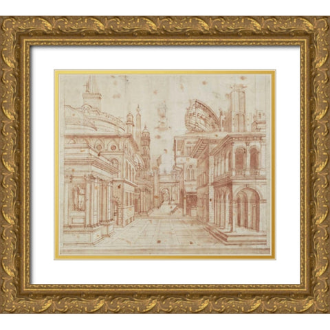 Roman Perspective Gold Ornate Wood Framed Art Print with Double Matting by Peruzzi, Baldassare