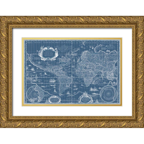 Blueprint World Map Gold Ornate Wood Framed Art Print with Double Matting by Blaeu, Willem