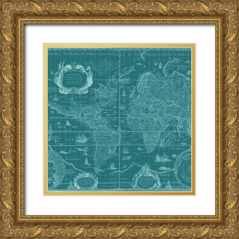 Blueprint Map(Teal)Â   Gold Ornate Wood Framed Art Print with Double Matting by Blaeu, Willem