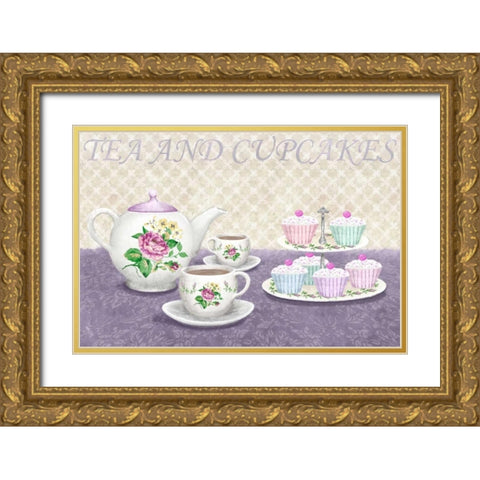Tea and cupcakes Gold Ornate Wood Framed Art Print with Double Matting by Linda, Wood