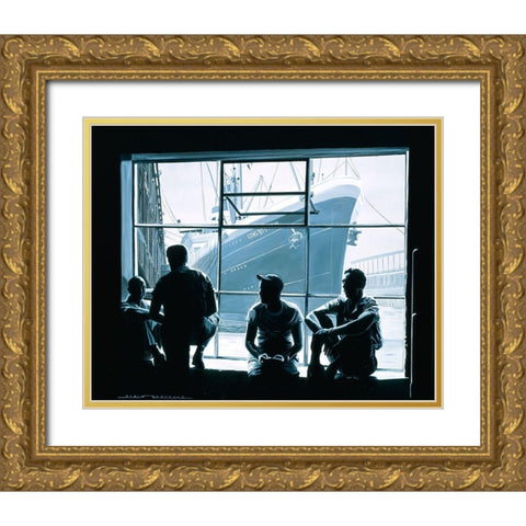 Les Dockers Gold Ornate Wood Framed Art Print with Double Matting by Bertrand, Alain