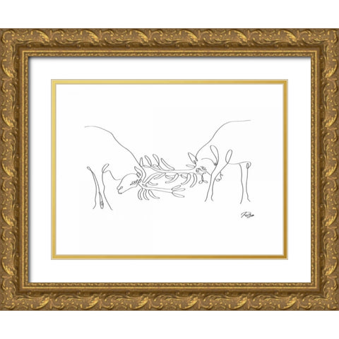 Deer Fight 01 Gold Ornate Wood Framed Art Print with Double Matting by Mahdavi, Gholam Reza