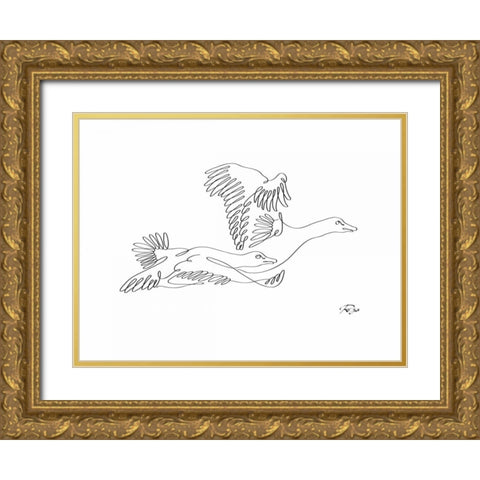 Geese Gold Ornate Wood Framed Art Print with Double Matting by Mahdavi, Gholam Reza