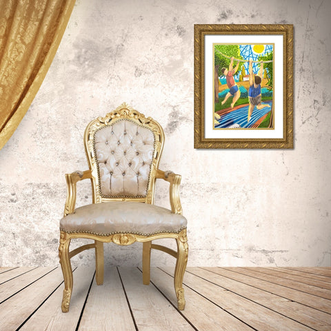Dos Chicos jugando en el rio Gold Ornate Wood Framed Art Print with Double Matting by Ortas, Javier
