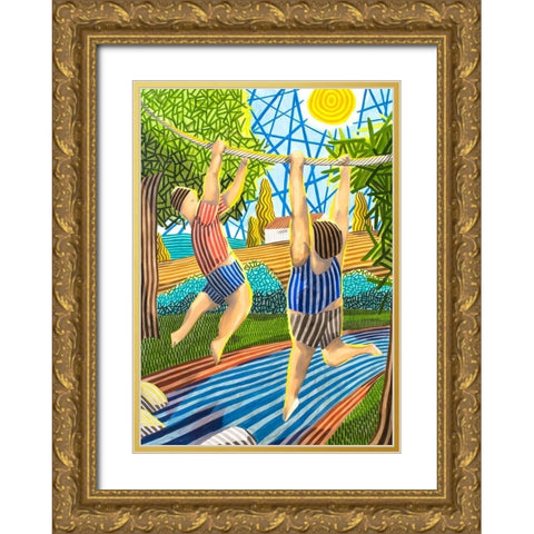 Dos Chicos jugando en el rio Gold Ornate Wood Framed Art Print with Double Matting by Ortas, Javier