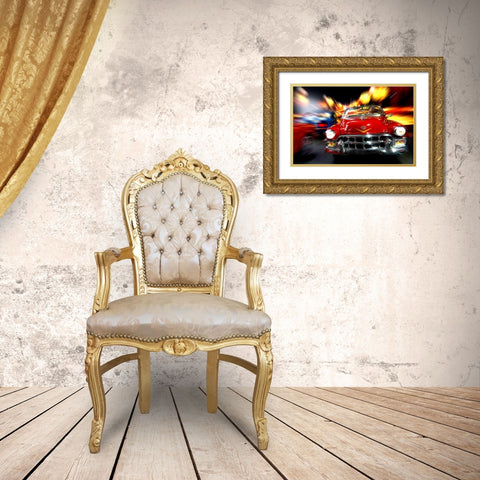 Cars in action - Cadillac rot Gold Ornate Wood Framed Art Print with Double Matting by Debionne, Jean-Loup