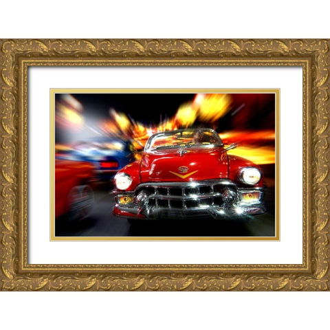 Cars in action - Cadillac rot Gold Ornate Wood Framed Art Print with Double Matting by Debionne, Jean-Loup
