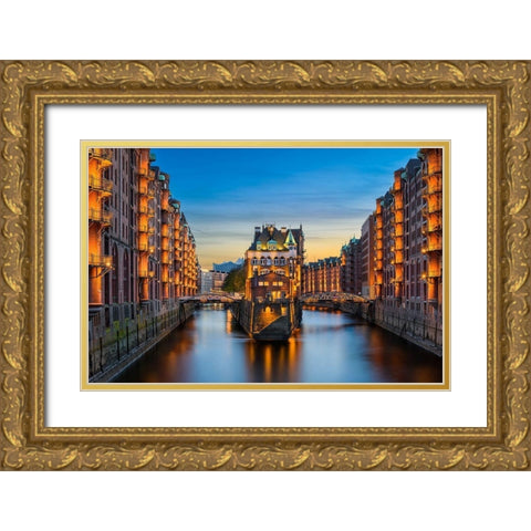 Hamburg - Speicherstadt Gold Ornate Wood Framed Art Print with Double Matting by Abid, Michael