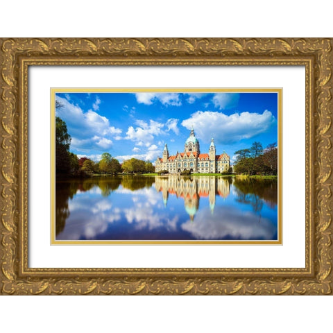 Hannover - Rathaus Maschteich Gold Ornate Wood Framed Art Print with Double Matting by Abid, Michael