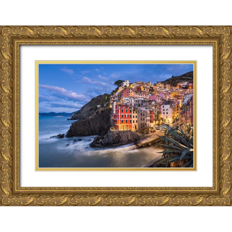 Riomaggiore Blues Gold Ornate Wood Framed Art Print with Double Matting by Abid, Michael