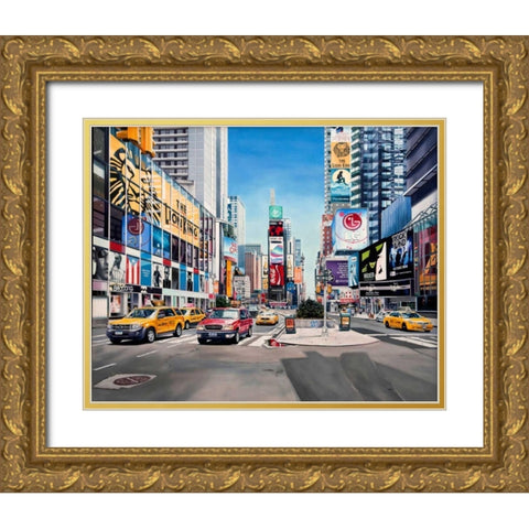 Time Square Reflections Gold Ornate Wood Framed Art Print with Double Matting by Schuh, Michael
