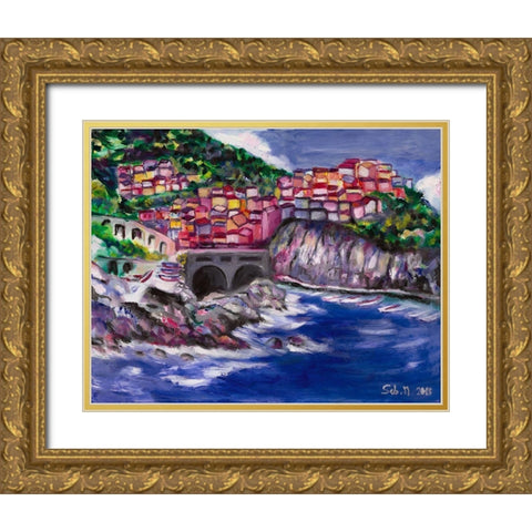 Cinque Terre Gold Ornate Wood Framed Art Print with Double Matting by Montel, SÃ©bastien