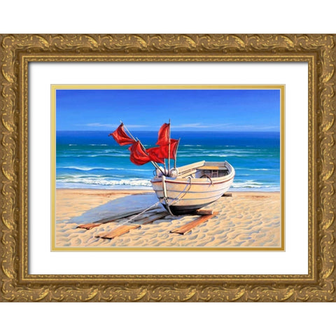 Small fishing boat Gold Ornate Wood Framed Art Print with Double Matting by Schneider, Sigur