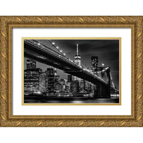 New York Skyline at Night Gold Ornate Wood Framed Art Print with Double Matting by Seifinger, Toby