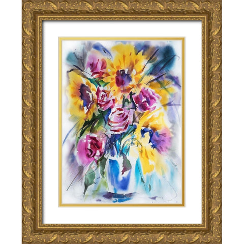 SonnenblumenstrauÃŸ Gold Ornate Wood Framed Art Print with Double Matting by Maier, Werner