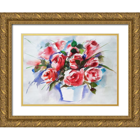 Rosenbouquet Gold Ornate Wood Framed Art Print with Double Matting by Maier, Werner
