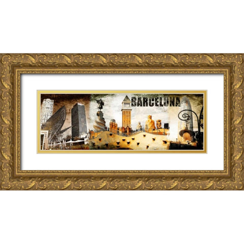 Barcelona Collage 02 Gold Ornate Wood Framed Art Print with Double Matting by Adamsky
