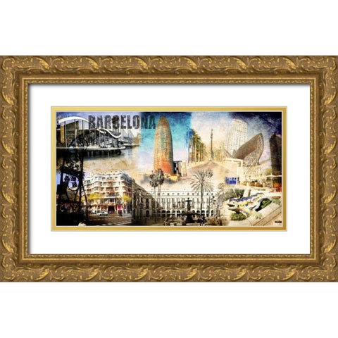 Barcelona Collage 01 Gold Ornate Wood Framed Art Print with Double Matting by Adamsky
