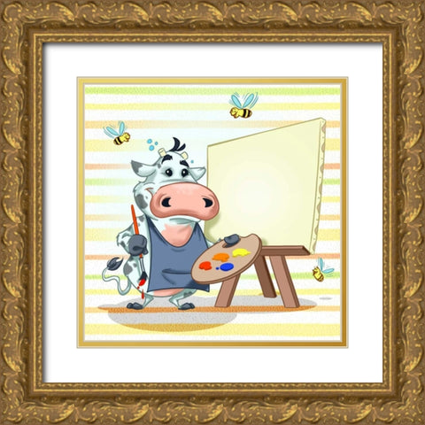The cow painter Gold Ornate Wood Framed Art Print with Double Matting by Alvez, A. - Perez, A.