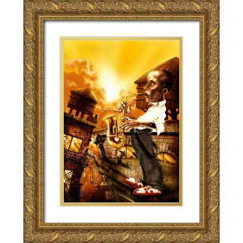 The Saxophonist -1 Gold Ornate Wood Framed Art Print with Double Matting by Alvez, A. - Perez, A.