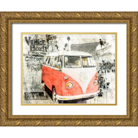 Beach Van - red Gold Ornate Wood Framed Art Print with Double Matting by Sola, Bresso
