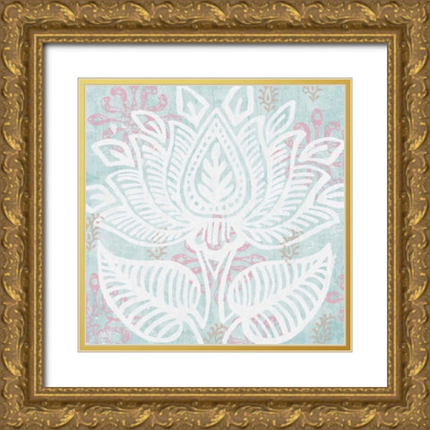 Block Print Lotus II Gold Ornate Wood Framed Art Print with Double Matting by Mark, Leslie