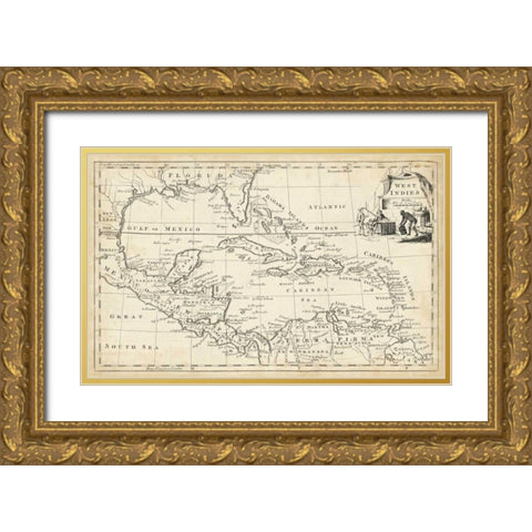 Map of West Indies Gold Ornate Wood Framed Art Print with Double Matting by Jeffreys, T.