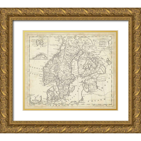 Map of Sweden and Denmark Gold Ornate Wood Framed Art Print with Double Matting by Jeffreys, T.