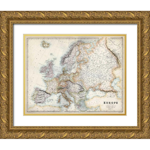 Pastel Map of Europe Gold Ornate Wood Framed Art Print with Double Matting by Swanston, G.H.