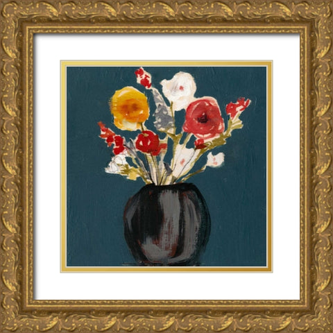 Bouquet on Teal I Gold Ornate Wood Framed Art Print with Double Matting by Goldberger, Jennifer