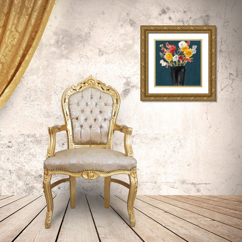 Bouquet on Teal II Gold Ornate Wood Framed Art Print with Double Matting by Goldberger, Jennifer