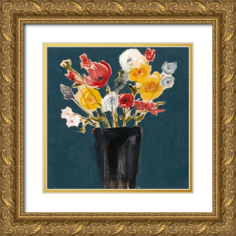 Bouquet on Teal II Gold Ornate Wood Framed Art Print with Double Matting by Goldberger, Jennifer
