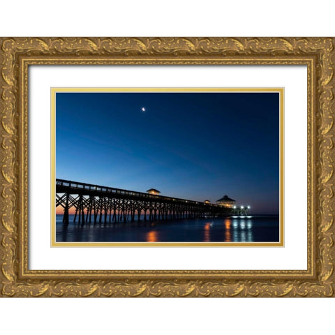 Moon at Folly Beach Gold Ornate Wood Framed Art Print with Double Matting by Head, Danny