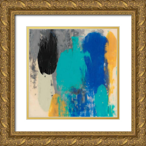 Teal Schmear I Gold Ornate Wood Framed Art Print with Double Matting by Goldberger, Jennifer