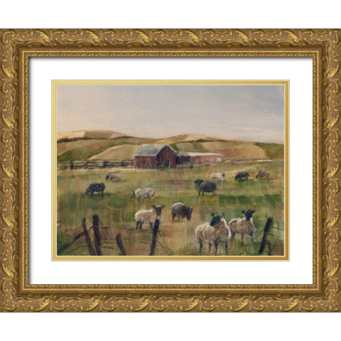Grazing Sheep II Gold Ornate Wood Framed Art Print with Double Matting by Harper, Ethan
