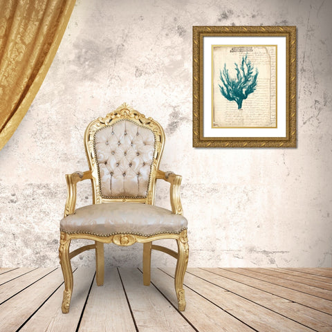 Vintage Teal Seaweed V Gold Ornate Wood Framed Art Print with Double Matting by Vision Studio