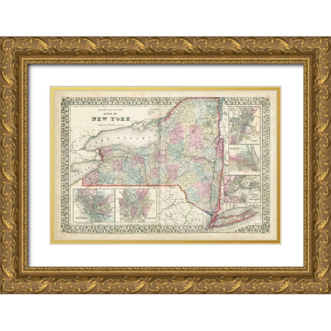 Johnsons Map of New York Gold Ornate Wood Framed Art Print with Double Matting by Johnson