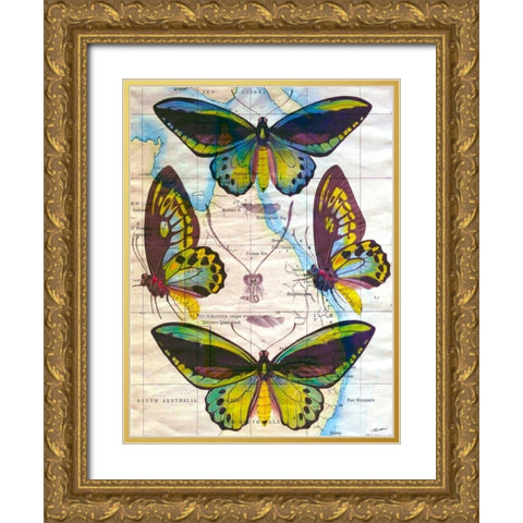Butterfly Map III Gold Ornate Wood Framed Art Print with Double Matting by Butler, John
