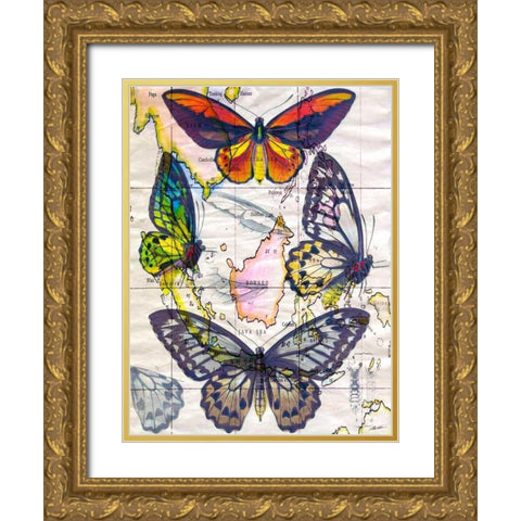 Butterfly Map IV Gold Ornate Wood Framed Art Print with Double Matting by Butler, John