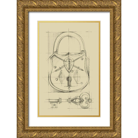 Vintage Padlock III Gold Ornate Wood Framed Art Print with Double Matting by Harper, Ethan