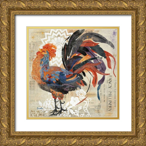 Rooster Flair V Gold Ornate Wood Framed Art Print with Double Matting by Evelia Designs