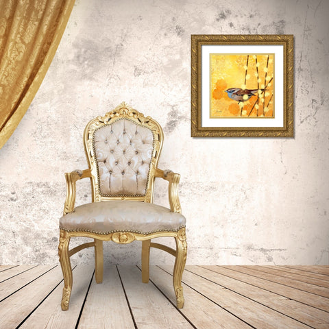 Wren on Yellow I Gold Ornate Wood Framed Art Print with Double Matting by Evelia Designs