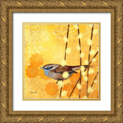 Wren on Yellow I Gold Ornate Wood Framed Art Print with Double Matting by Evelia Designs