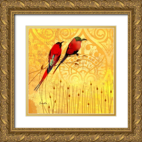 Wren on Yellow II Gold Ornate Wood Framed Art Print with Double Matting by Evelia Designs