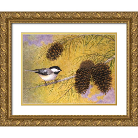Chickadee in the Pines I Gold Ornate Wood Framed Art Print with Double Matting by Matcham, Marcia