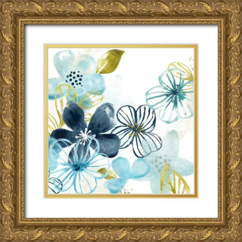 Aqua Flora I Gold Ornate Wood Framed Art Print with Double Matting by Vess, June Erica