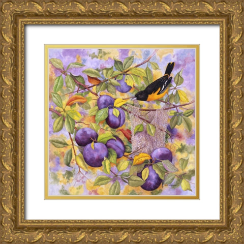 Oriole and Plums Gold Ornate Wood Framed Art Print with Double Matting by Matcham, Marcia