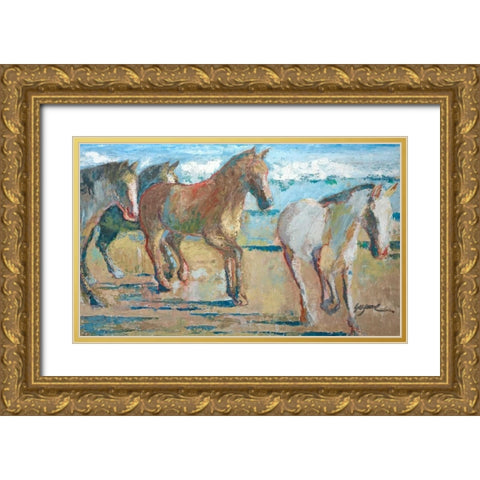 Caballos en la Playa Gold Ornate Wood Framed Art Print with Double Matting by Wilkins, Suzanne